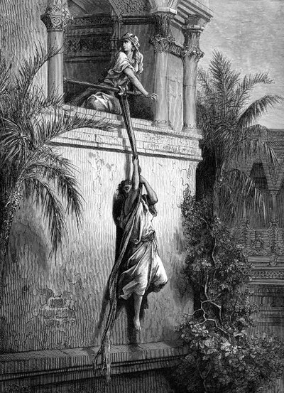 Davids ontsnapping door het raam, door Doré door Gustave Dore